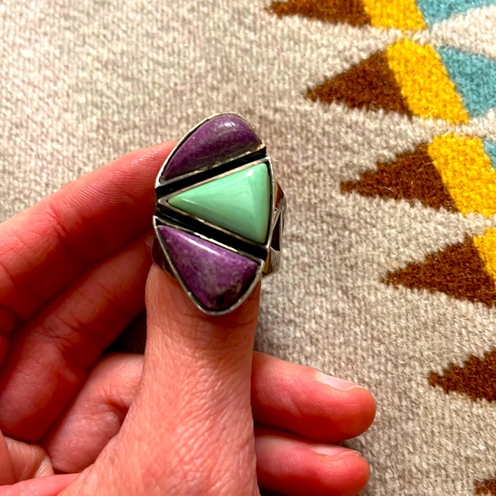 Chunky modern amazonite sugilite sterling ring